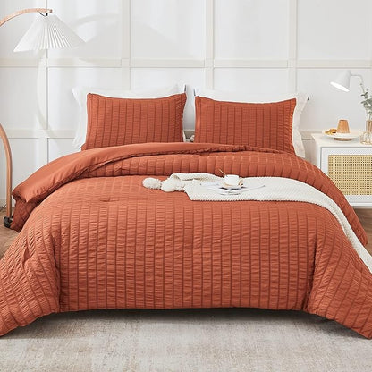 AveLom Terracotta Seersucker Queen Comforter Set (90x90 inches), 3 Pieces - 100% Soft Washed Microfiber Lightweight Comforter with 2 Pillowcases, All Season Down Alternative Comforter Set for Bedding