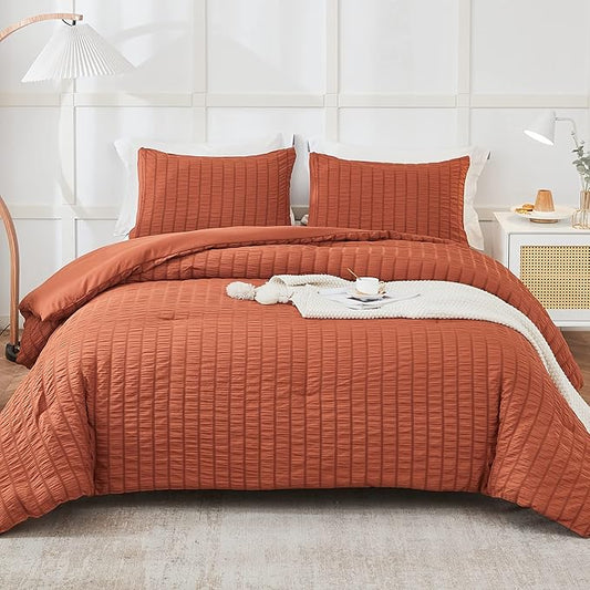AveLom Terracotta Seersucker Comforter Set - Full Size, 80x90 Inches, 3 Pieces, Machine Washable