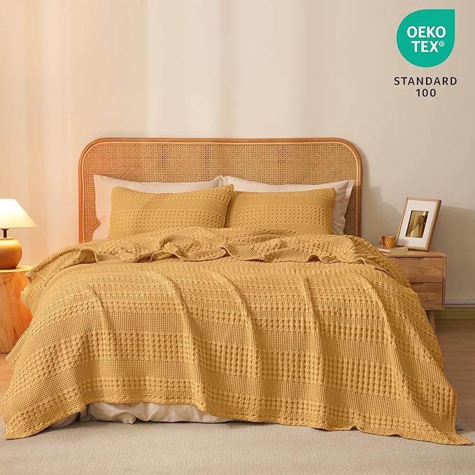 PHF 100% Cotton Waffle Weave Blanket Queen Size for Bed, Soft Lightweight & Breathable for Spring and Summer, All-Season Comfort, Luxury Aesthetic Blanket for Home Decor, 90"x90", Pumpkin Orange