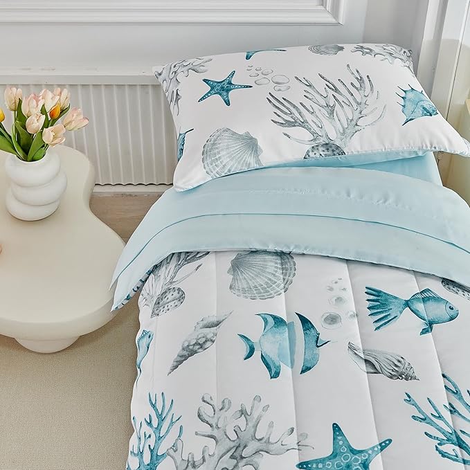 White Toddler Bedding Set for Boys Girls Water Blue Colorful Ocean Starfish Shell Aquatic Plant 4PC Toddler Bed Set - Soft Blue Cute Toddler White Bed in a Bag with Sheet Set and Pillow Shams