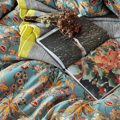 mixinni 3 Pieces Flower Duvet Cover Set 100% Natural Cotton Full Size Bedding Cover with Zipper&Ties, 1 Duvet Cover and 2 Pillowcases, Easy Care, Soft and Durable-Full Size