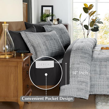 MaiRêve Charcoal Grey Oversized Queen Comforter Set, Textured Design Crinkle Bed in A Bag, 7 Pieces Bedding Set with Comforter, Sheets, Pillowcases & Shams 98"x 98"