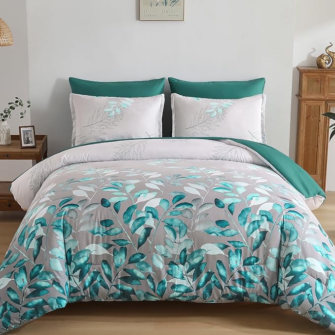 Anibedding Teal Green Floral Comforter Set Queen, 7 Piece Green Botanical Gradient Leaves Ultra Soft Microfiber Down Alternative Bedding Set with Sheets and Bedroom for All Season