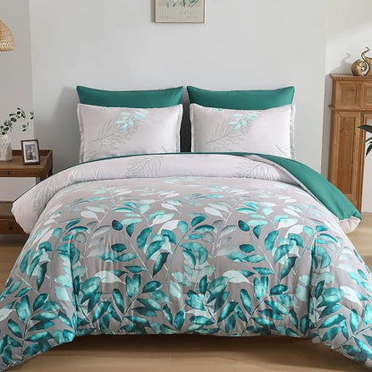 Anibedding Teal Green Floral Comforter Set Queen, 7 Piece Green Botanical Gradient Leaves Ultra Soft Microfiber Down Alternative Bedding Set with Sheets and Bedroom for All Season