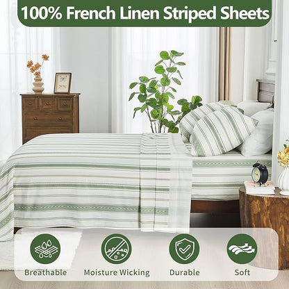 100% Linen Sheets King Size,Breathable & Durable 4-Piece Bed Flax Stripes Sheet Set,Soft All-Season Bedding for Hot Sleepers 16" Deep Pocket Oeko-TEX Certified,（King, Green Stripes）