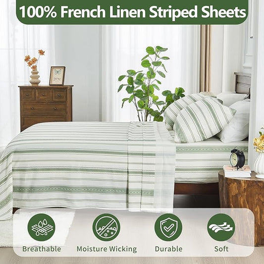 100% Linen Sheets King Size,Breathable & Durable 4-Piece Bed Flax Stripes Sheet Set,Soft All-Season Bedding for Hot Sleepers 16" Deep Pocket Oeko-TEX Certified,（King, Green Stripes）