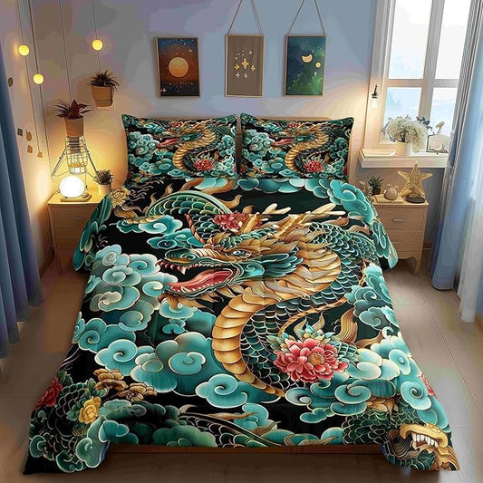 Chinese Loong Comforter Set for Kids,Propitious Cloud Bedding Set Teens Boys Room Decor,Exotic Chinese Style Comforter with 1 Pillowcase for All Seasons,Twin