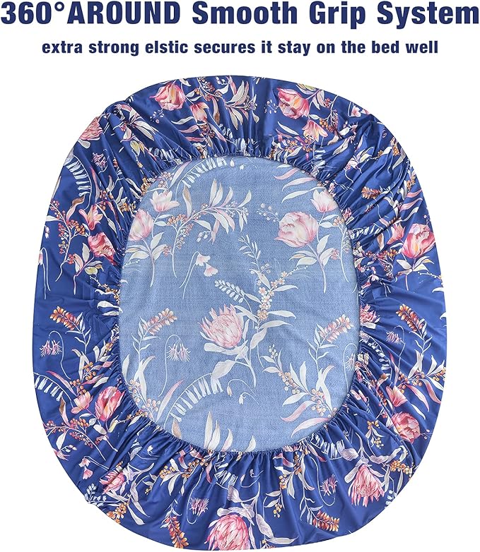 JSD Navy Floral Sheet Set King Size, 4 Piece Soft Printed Microfiber Sheets Extra Deep Pocket