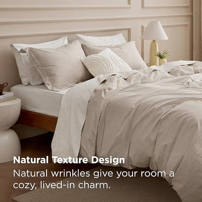 Bedsure 100% Washed Cotton Duvet Cover Oversized King - Linen Color Minimalist Bedding Set Linen Like - PureWoven Plain Simple & Soft Comforter Cover for All Seasons (Oversized King, 120"x98")