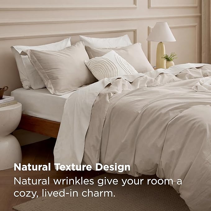 Bedsure 100% Washed Cotton Duvet Cover Cal King - Linen Color Minimalist Bedding Set Linen Like - PureWoven Plain Simple & Soft Comforter Cover for All Seasons, California King, 104"x98"