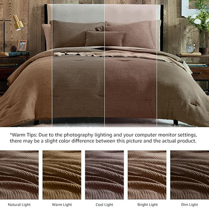 Geniospin King Size Comforter Set - 7 Pieces Brown Comforter King Size, Soft Solid Bedding Set for All Season, Textured Bed in a Bag with Sheets, Pillowcases & Shams