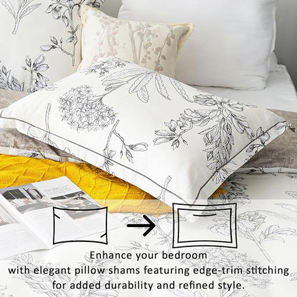 Floral Cotton Comforter King Size 3Pcs - Vintage Design with Luxurious Black Sketched Flowers & Leaves on Cream, Retro Taupe Reversible Lightweight Bedding Sets with Soft Fill(104"×90")