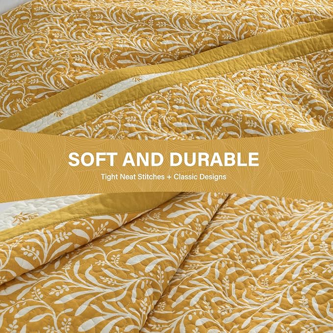 SahSahCasa Quilt Set Queen Size, 100% Cotton Quilt Bedding Set Bedspread, Botanical Pattern Solid Color Chic Lightweight Quilted Comforter for Queen Bed, Mustard Yellow, All Season, 3 Pieces