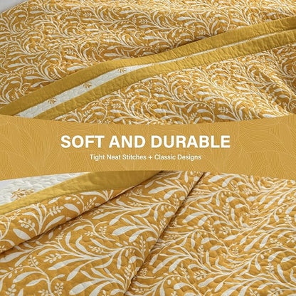 SahSahCasa Quilt Set King Size, 100% Cotton Quilt Bedding Set Bedspread, Botanical Pattern Solid Color Chic Lightweight Quilted Comforter for King Bed, Mustard Yellow, All Season, 3 Pieces