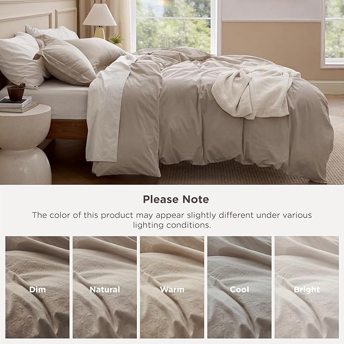 Bedsure 100% Washed Cotton Duvet Cover Oversized Queen - Tannish Linen Grey Minimalist Cotton Duvet Cover Set for All Seasons - Plain Simple Bedding Set (Tannish Linen Grey, Oversized Queen, 98"x98")