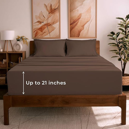 Mellanni Queen Sheet Set - 6-Piece Iconic Collection Bedding, (Including 4 Pillowcases), 21-Inch Extra Deep Pocket, Easy Care, Ultra Soft, Cooling Sheets, Brushed Microfiber - Brown