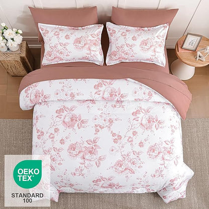 Luxudecor Floral King Comforter Set 7 Pieces Bed in a Bag, Pink Rose Romantic Flower Bed Set, Soft Reversible Comforter with Sheet Set 104"x90"