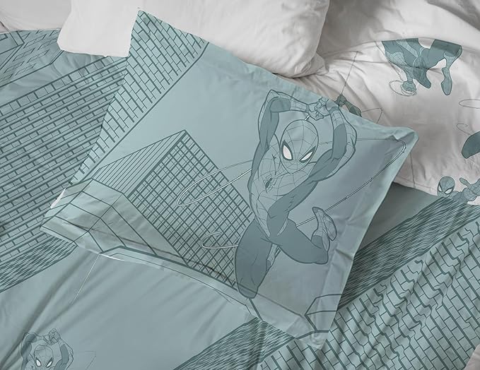 Jay Franco Kids Duvet Cover Set with Sham & Pillowcase – Ultra-Soft Bedding for Room Decor, Cover ONLY Comforter NOT Included, Green - Spiderman, 3 Piece King
