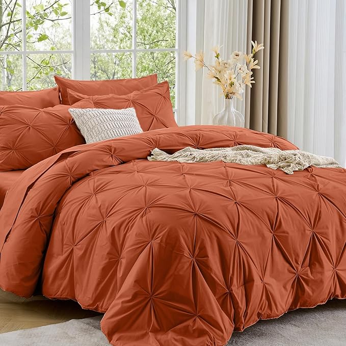 Sasttie California King Comforter Set, 7-Piece Bed in a Bag, Pintuck Bedding Sets for All Season, Includes Comforter, Flat Sheet, Fitted Sheet, Pillowcases and Pillowshams, Burnt Orange