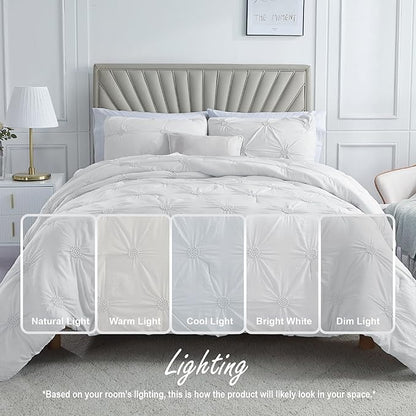 Swift Home King White 3-Piece Down Alternative Comforter Set Bedding Ruched 3D Floral Pintuck All-Season, Machine Washable