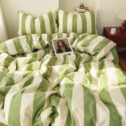 LifeTB Striped Comforter Set Queen Green White Stripes Pattern Printed Comforter 3 Pieces Lightweight Bedding Comforter with 2 Pillowcases Breathable Soft Comfy Farmhouse Striped Comforter Set