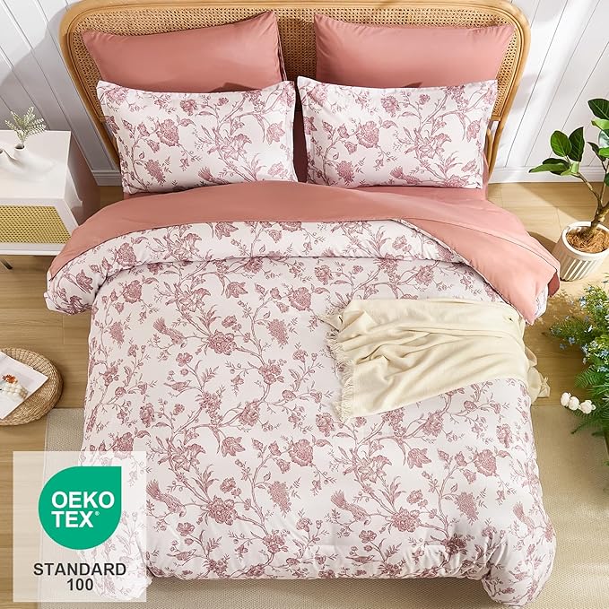 Luxudecor Floral Comforter Set King Size 7 Pieces, Blush Pink Flower with Bird Bed in a Bag, Soft Reversible Comforter with Sheet Bed Set 104"x90"
