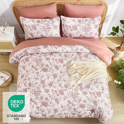 Luxudecor Floral Comforter Set King Size 7 Pieces, Blush Pink Flower with Bird Bed in a Bag, Soft Reversible Comforter with Sheet Bed Set 104"x90"