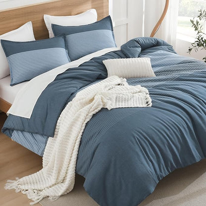 Litanika Haze Blue Comforter Set Oversized Queen - 3 Pieces Lightweight Dark Grey Colorblock Stripe Fluffy Bedding Comforter Sets, All Season Bed Set