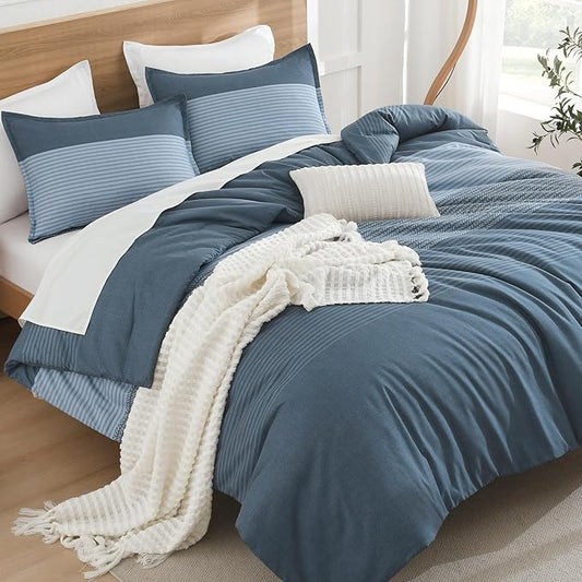 Litanika Comforter Set, Lightweight Colorblock Stripes Bedding Comforter Set, Fluffy Down Alternative Bed Set, Haze Blue, Queen