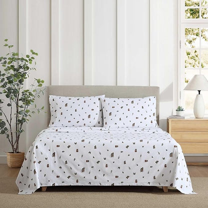 Eddie Bauer - Sheet Set, Luxurious Cotton Percale Bedding with Matching Pillowcase, Crisp & Cool, Fully Elasticized (Buddy Camping Allover White, King)