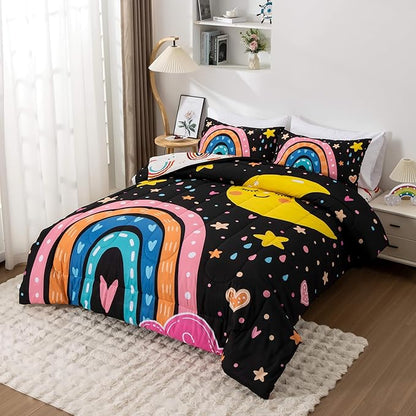 Btargot Lightweight Soft 3 Piece Rainbow Comforter Set with 2 Pillow Covers, Cartoon Love Hearts Flowers and Sun Moon Star Bedding Set for Girls Boys Kids, Full Black