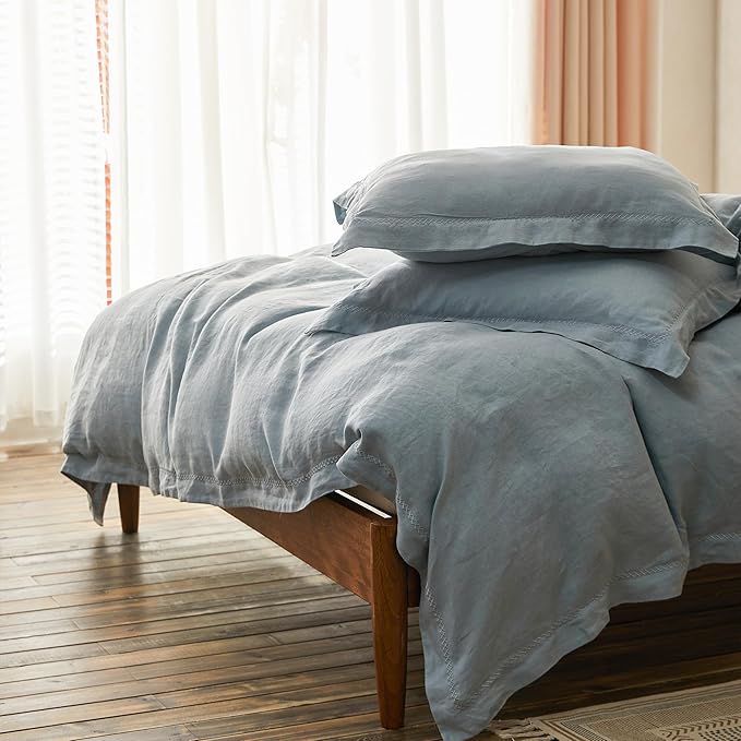 Simple&Opulence 100% Linen Duvet Cover Set with Crossed Embroidery Washed - 3 Pieces (1 Duvet Cover with 2 Pillow Shams) Soft Breathable Farmhouse - Dusty Blue, Queen Size