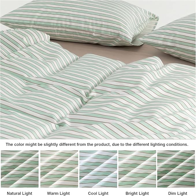Bedbay Sage Green Striped Duvet Cover Set King Size, 100% Cotton Sateen Bedding Set, Silky Soft Breathable 3 Piece Farmhouse Minimalist Bedding for All Seasons