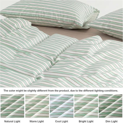 Bedbay Sage Green Striped Duvet Cover Set King Size, 100% Cotton Sateen Bedding Set, Silky Soft Breathable 3 Piece Farmhouse Minimalist Bedding for All Seasons