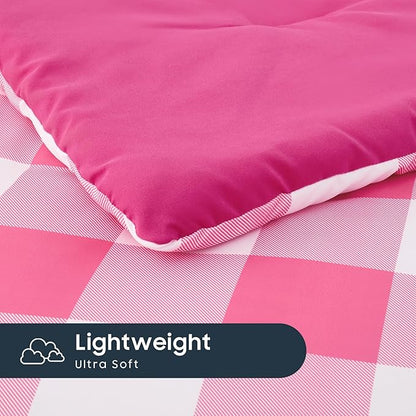 Wake In Cloud - Gingham Toddler Bedding Set for Girls Boys, Cute Plaid Buffalo Check, 4 Pieces Soft Crib Bed Set Including Comforter, Sheets and Pillowcase, Hot Pink