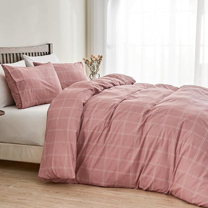 JELLYMONI 100% Natural Cotton Queen Duvet Cover Set, 3pcs Plaid Duvet Cover Sets with Zipper Closure, Grid Geometric Pattern Comforter Cover, Pink