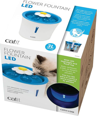 Catit LED Flower Fountain with Triple Action Filter, 3 L, Blue | Cat Drinking Water Fountain