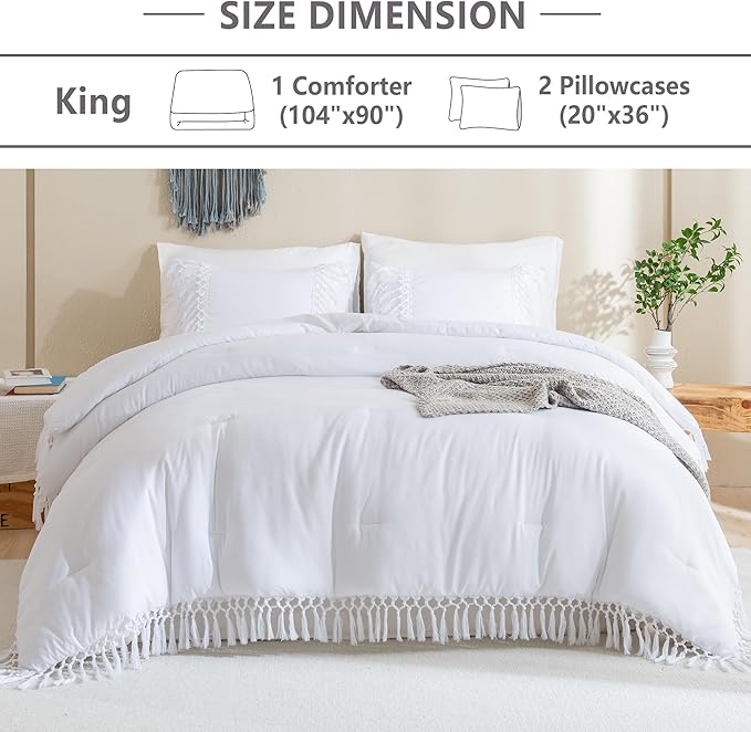 Andency White Comforter Set King, 3 Pieces Boho Tassel Lightweight Soft Bedding Comforter Sets for King Bed, All Season Fluffy Fringe Bed Set (104x90In Comforter & 2 Pillowcases)