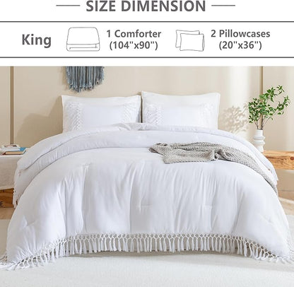 Andency White Comforter Set King, 3 Pieces Boho Tassel Lightweight Soft Bedding Comforter Sets for King Bed, All Season Fluffy Fringe Bed Set (104x90In Comforter & 2 Pillowcases)