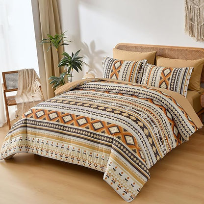 Dinjoy Boho King Size Bed in A Bag 7 Pieces,Yellow Brown Comforter Set Aztec Striped Fall Bedding Set Patchwork Complete Set Geometric Pattern Comforters for Women 90"×104"