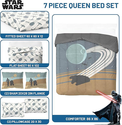 Jay Franco Star Wars Queen Size Comforter Set - 7 Piece Bedding Includes Sheet Set & Pillow Covers - Super Soft Cozy Bedding with Death Star and Millennium Falcon