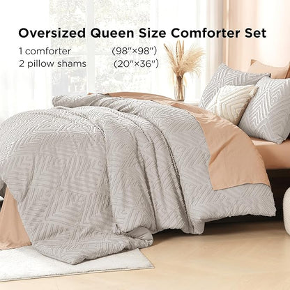 Litanika Oversized Queen Comforter Linen Grey, 3 Pieces Tufted Boho Farmhouse Bedding Comforter Set, Lightweight Fluffy All Season Comforter Set (98x98In Comforter & 2 Pillowcases)