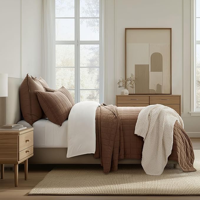 EVERGRACEHOME 100% Cotton Box Stitch Quilt Bedding Set King Size 3 Pieces, Garment-Washed Lightweight Soft Cozy Coverlet, Oversized Quilted Bedspread Sets with 2 Shams for All Season, Sienna Brown