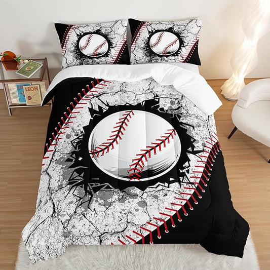 Baseball Comforter Sports Bedding Sets for Boys,Sports Gamer Bedding Set for Kids Girls Boys Room Decor,Black White Baseball Printed Queen Bed Comforter Set with 2 Pillowcases.