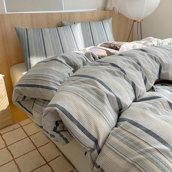 EAVD Modern Style Striped Duvet Cover Full 100% Washed Cotton Colorful Wide and Pinstriped Bedding Duvet Cover Set with 2 Pillowcases Farmhouse Geometric Bedding Set with Zipper for All-Season
