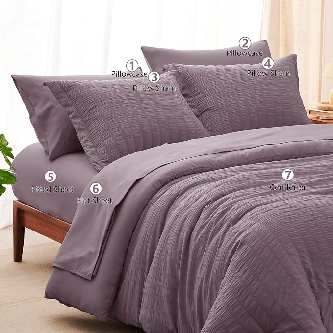 CozyLux Oversized King Comforter Set Dusty Purple Seersucker 7 Pieces 120x98 Bed in a Bag Comforter Set with Sheets, Grayish Purple Bedding Set Down Alternative Comforter, Sheets, Pillowcases & Shams