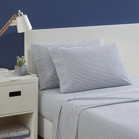 Nautica - Twin Size Sheet Set, Crisp & Tailored Cooling Sheets with a Smooth Cotton Percale Lightweight Feel - Bed Sheets with Matching Pillowcase & Fitted Sheet (Harmead Navy)