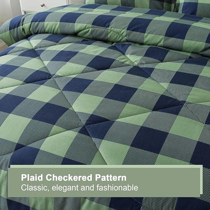 Andency Green Plaid Comforter Twin(66x90Inch), 2 Pieces (1 Comforter, 1 Pillowcase) Buffalo Checkered Gingham Bed Set, Soft Geometric Bedding for Boys