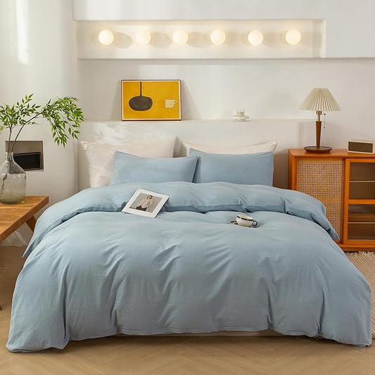 ECOCOTT Haze Blue Duvet Cover King Size, 3 Piece 100% Washed Cotton 1 Duvet Cover with Zipper and 2 Pillowcases, Ultra Soft and Easy Care Breathable Cozy Bedding Set (Haze Blue,King)