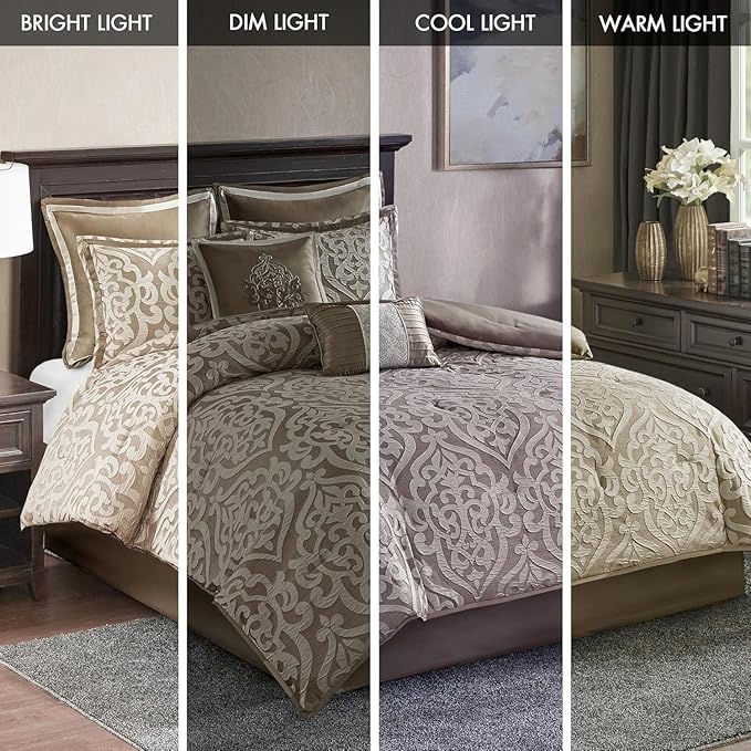 Madison Park Odette Cozy Comforter Set Jacquard Damask Medallion Design - Modern All Season, Down Alternative Bedding, Shams, Decorative Pillow, King(104 in x 92 in), Tan 8 Piece